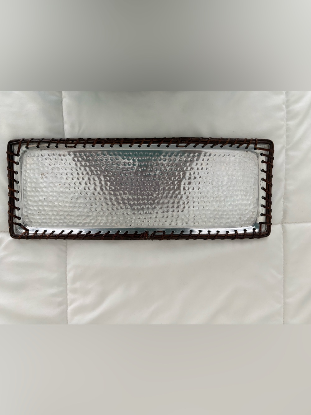 Decorative Rectangular Hammered Metal Tray with Woven Edge - Brown
